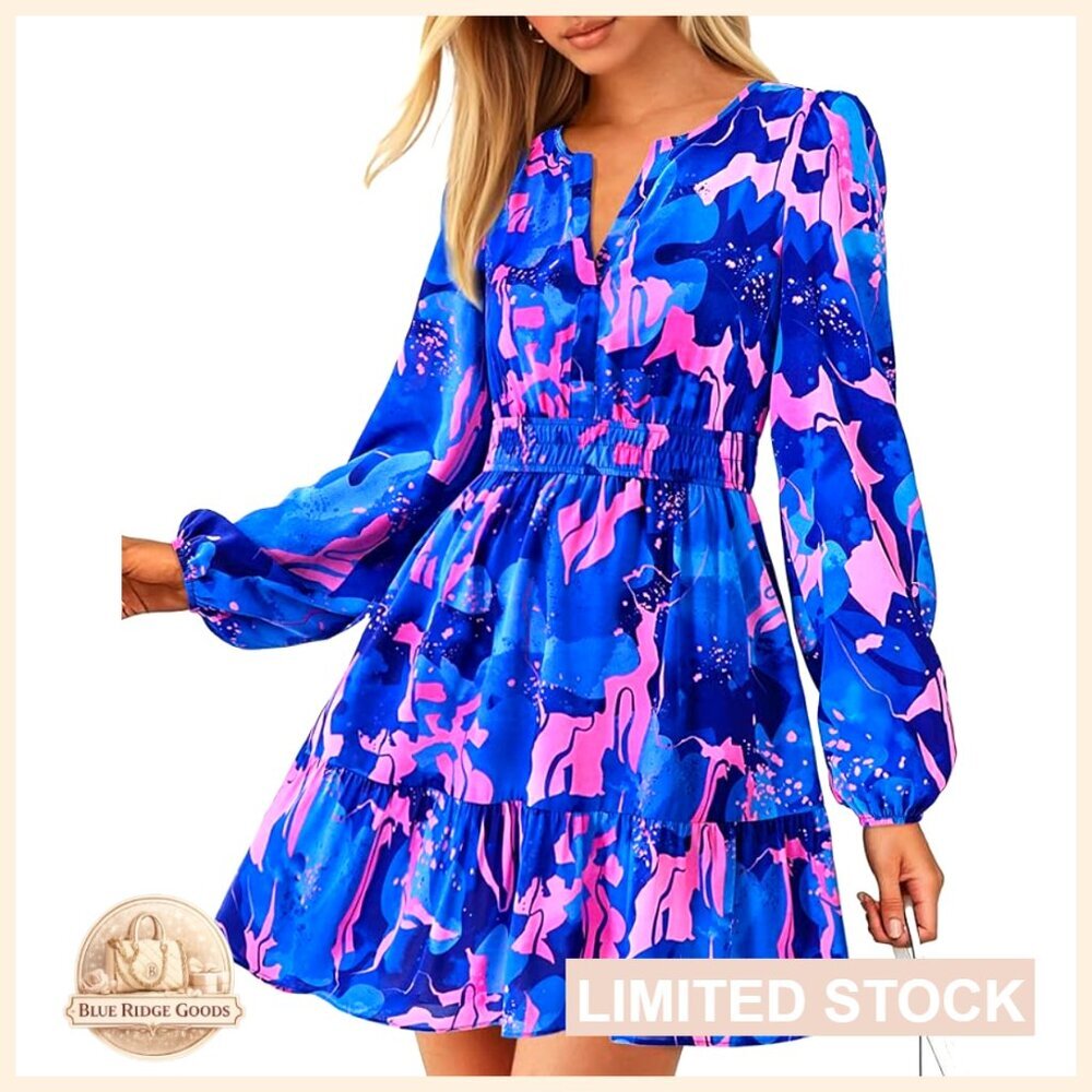 Long Sleeve Mini Dress Boho Floral V Neck Elastic Waist Tiered Ruffle